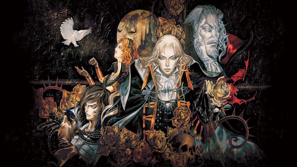 A painting of Castlevania characters Alucard, Dracula, and others