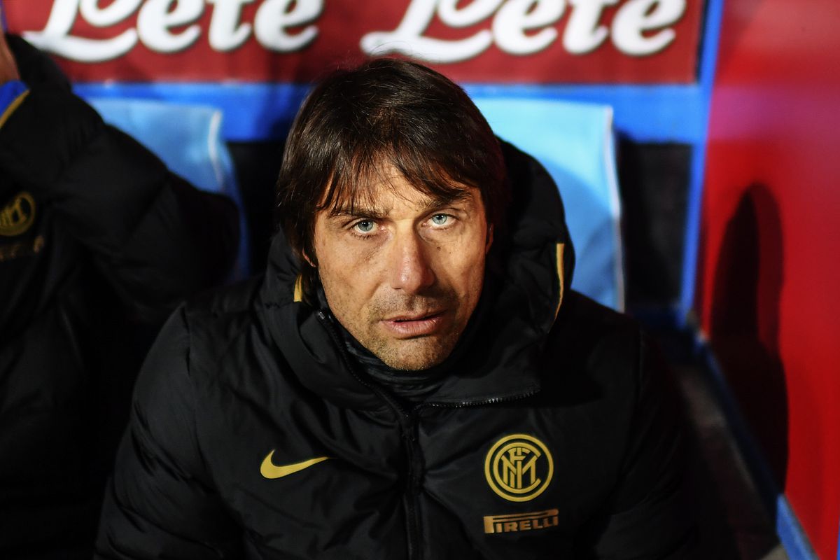 Inter Milan’s Italian coach Antonio Conte seats on the bench...