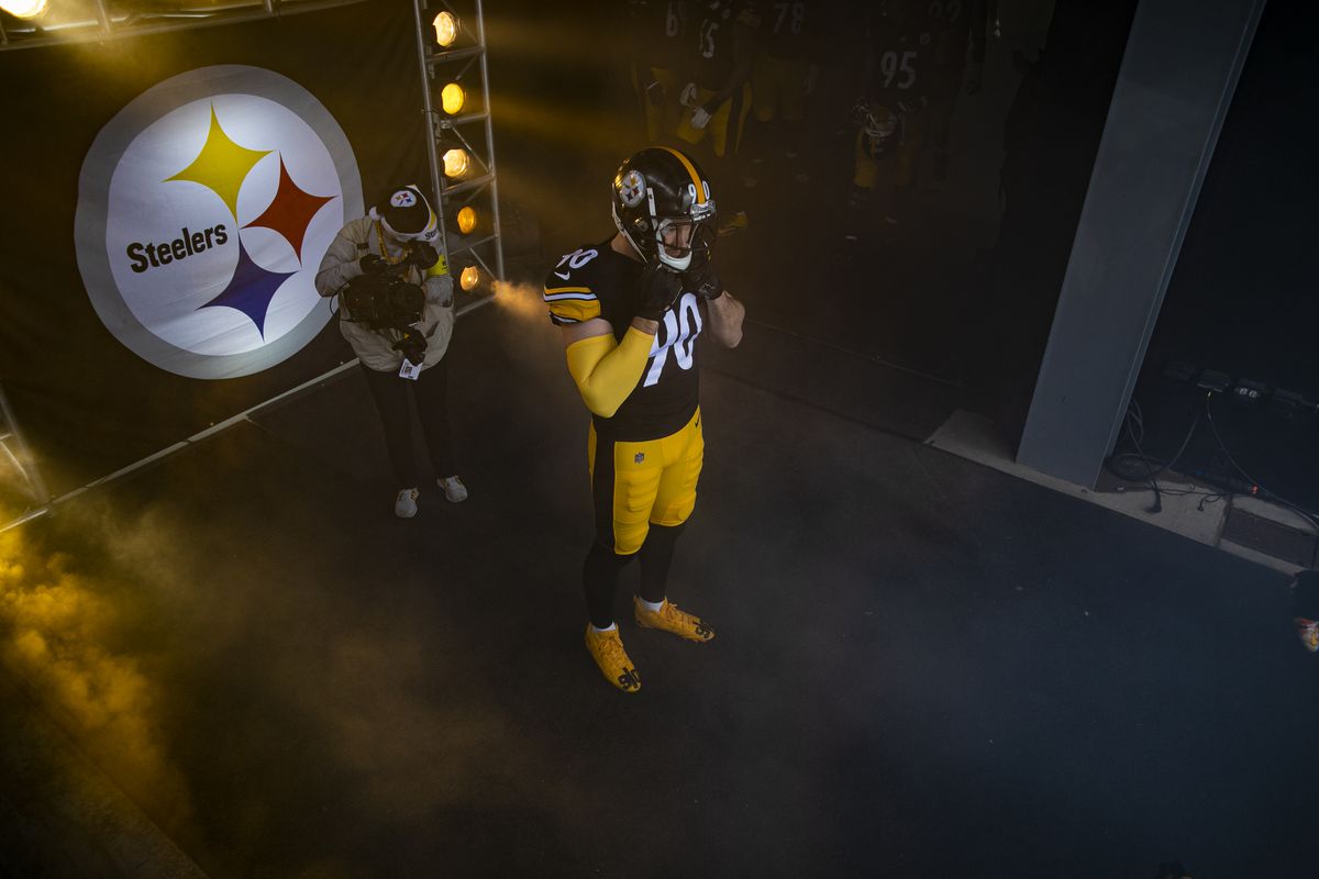 Pittsburgh Steelers linebacker T.J. Watt (90) looks on in the tunnel during the national football league game between the Baltimore Ravens and the Pittsburgh Steelers on December 11, 2022 at Acrisure Stadium in Pittsburgh, PA.
