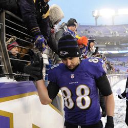 Baltimore Ravens tight end Dennis Pitta high-fives fans as he walks off the field after an NFL football game against the Minnesota Vikings, Sunday, Dec. 8, 2013, in Baltimore. (AP Photo/Nick Wass)