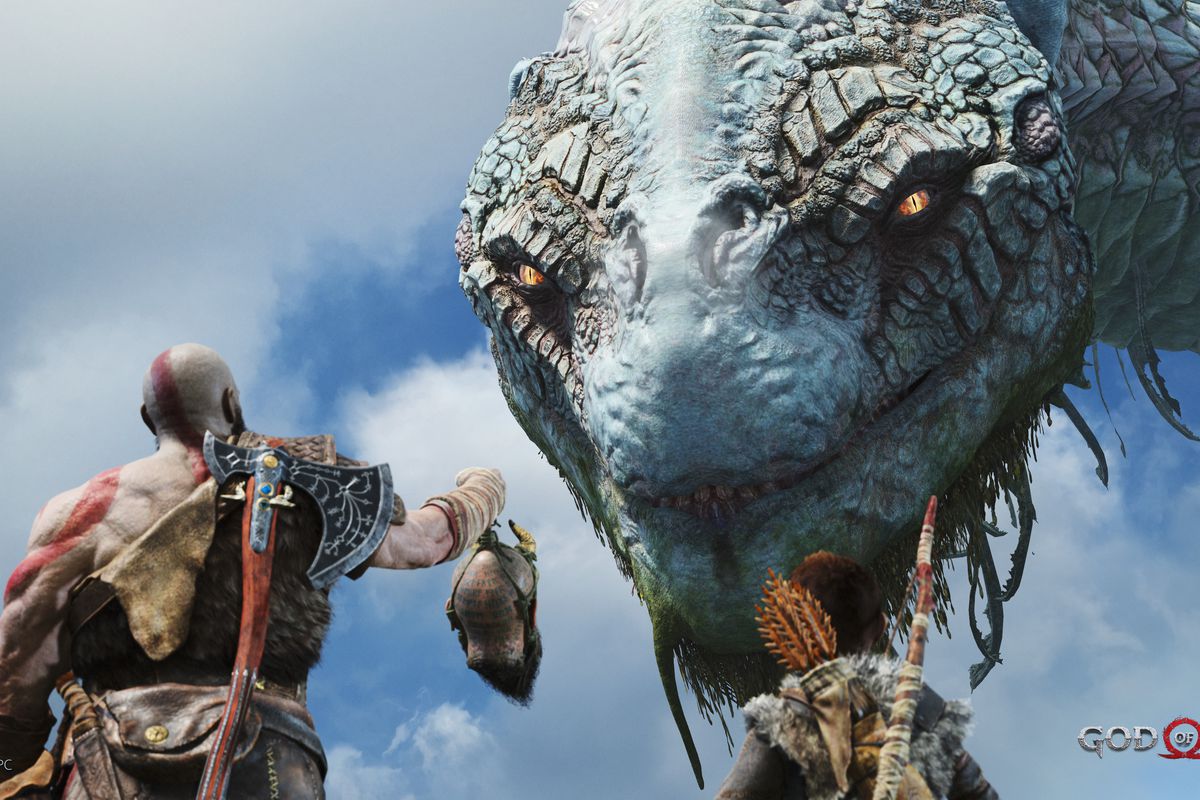 An image of Kratos holding up a severed head to a giant monster that looks like a dragon.