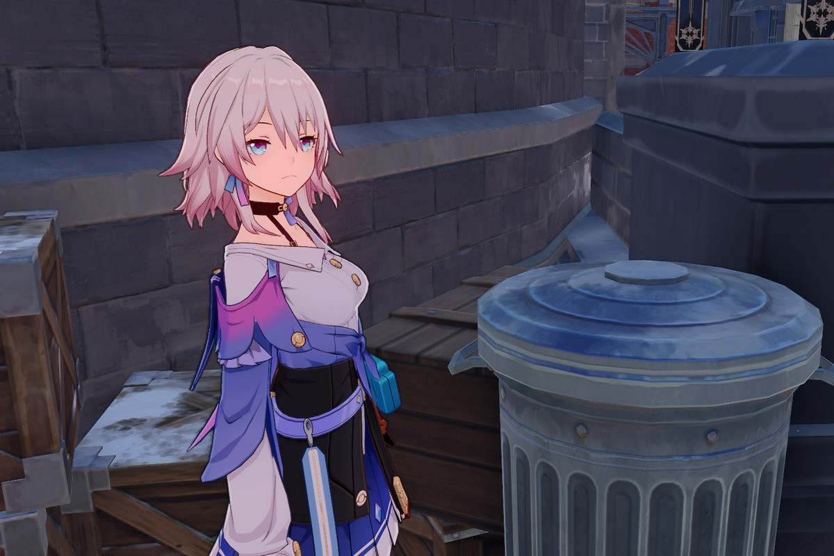 An image of March 7th standing next to a trash can in Hoyoverse’s Honkai: Star Rail. She is turned toward the trash and giving a side-eye. 