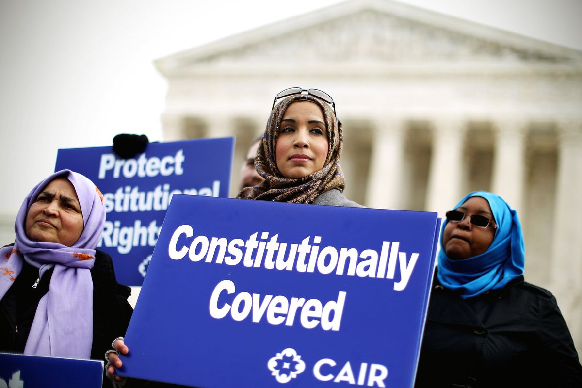 Supporters from The Council on American-Islamic Relations during a news conference outside the U.S. Supreme Court after the court heard oral arguments.