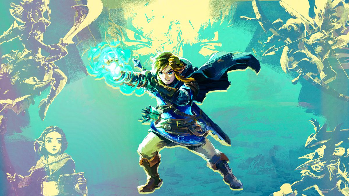 Link uses his Ultrahand ability while the sages Riju, Tulin, Sidon, and Zelda look on from a greenish blue background in The Legend of Zelda: Tears of the Kingdom.