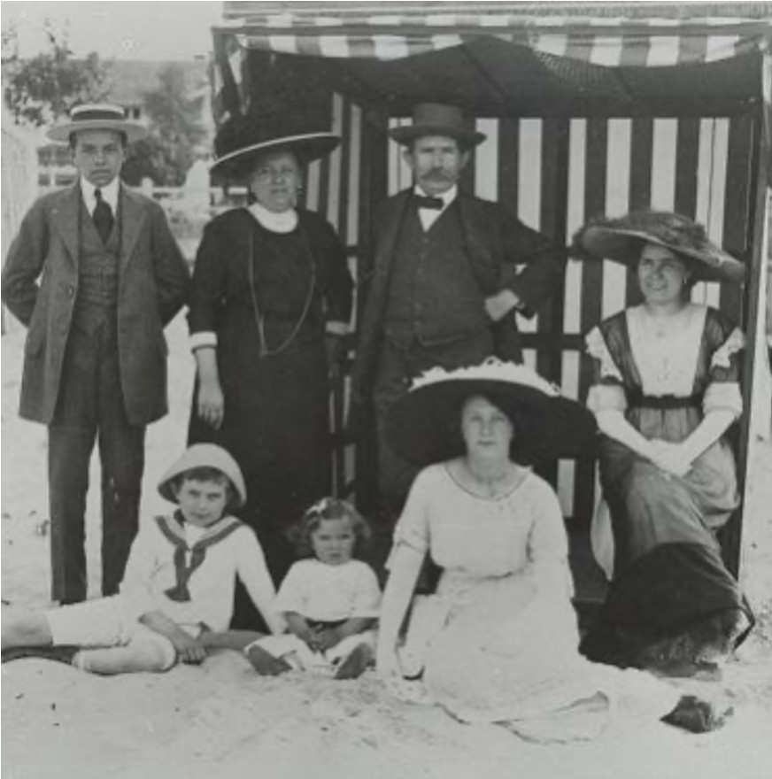 A vintage photograph of two men, three women, a boy, and a girl in 1912.