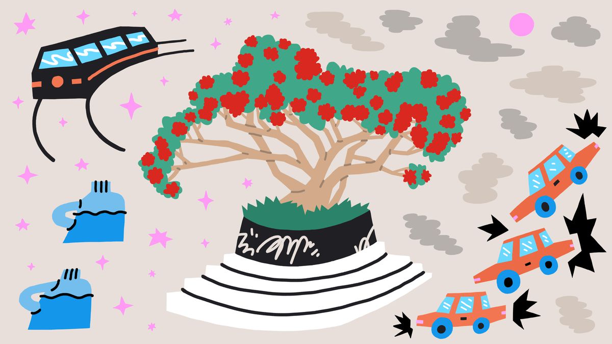 A blooming coral tree sits front and center in a graffiti-covered, round, concrete planter. There are vignettes in each corner, a light rail train, smog, jugs of water and a hectic traffic scene. Illustration.