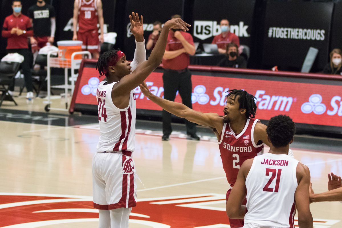 PULLMAN, WA - FEBRUARY 20: Washington State guard Noah Williams (24) takes a shot during the second half of a Pac 12 matchup between the Stanford Cardinal and the Washington State Cougars on February 20, 2021, at Beasley Coliseum in Pullman, WA.