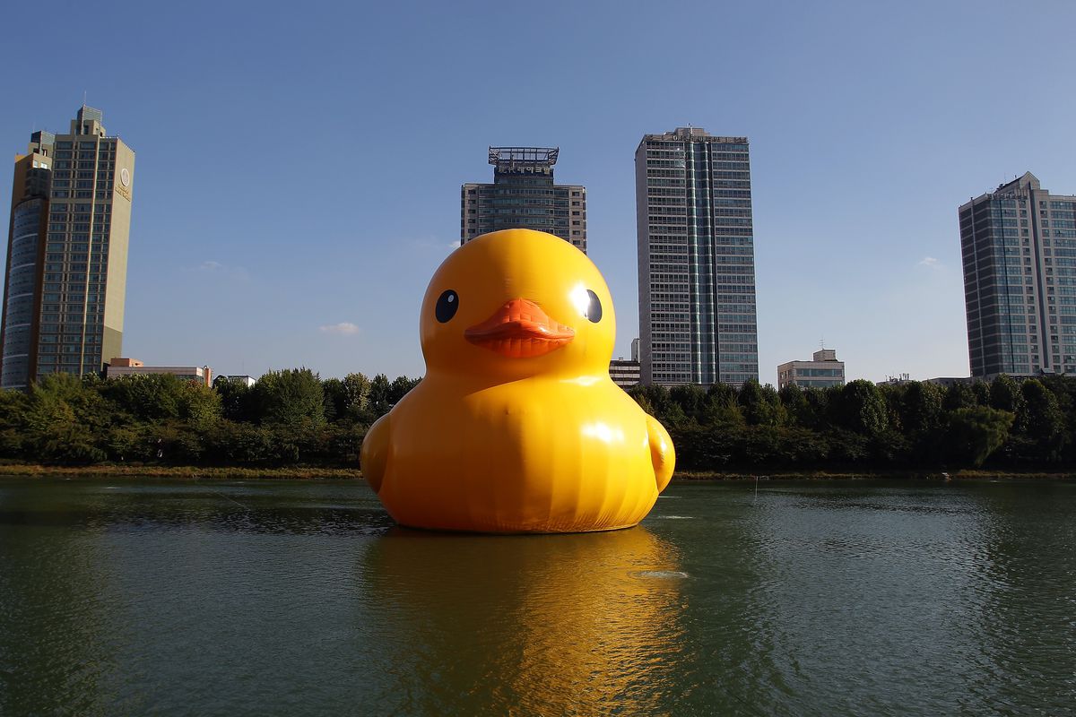 Giant Yellow Rubber Duck Exhibited In Seoul