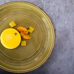 Lemon & Thyme Tarte, with mimosa gelée, sablé Breton & vanilla soaked Mandarin supremes