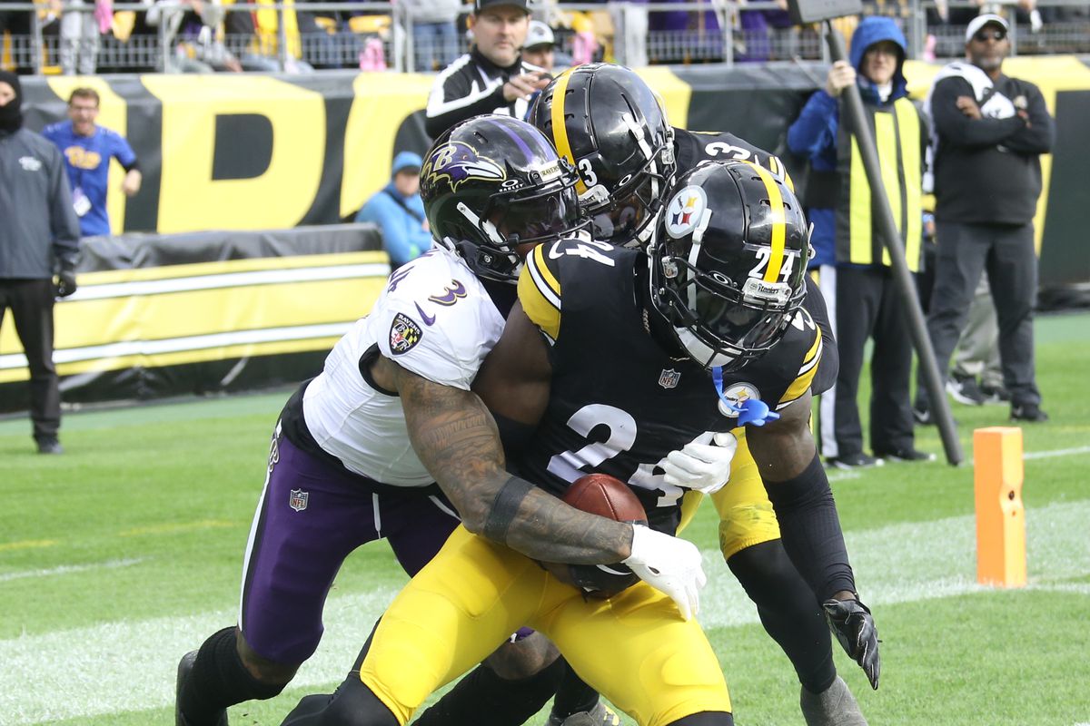 Pittsburgh Steelers cornerback Joey Porter Jr. (24) intercepts a pass in the end-zone intended for Baltimore Ravens wide receiver Odell Beckham Jr. (3) during the fourth quarter at Acrisure Stadium.