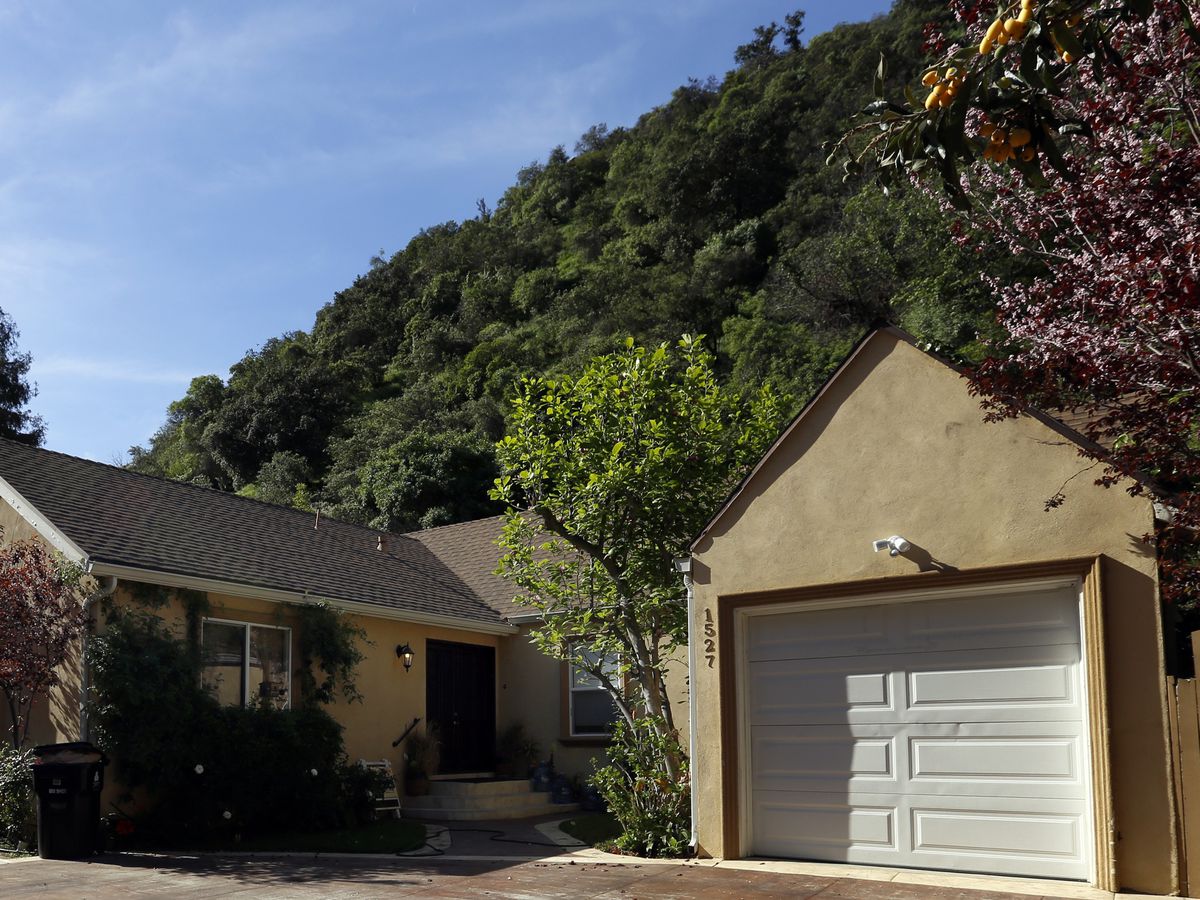 A house with a garage. Behind the house is a hill with assorted plants and shrubs.