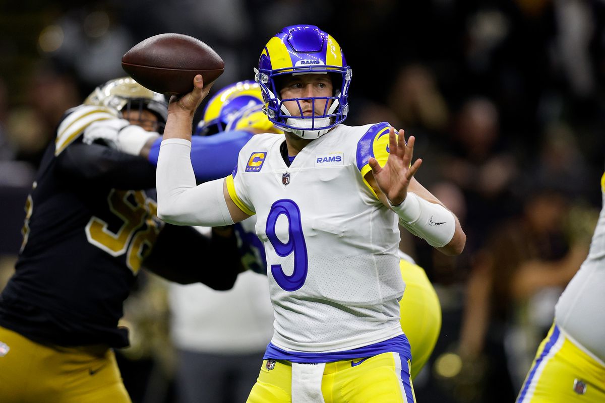Matthew Stafford #9 of the Los Angeles Rams throws a pass against the New Orleans Saints during the first half at Caesars Superdome on November 20, 2022 in New Orleans, Louisiana.