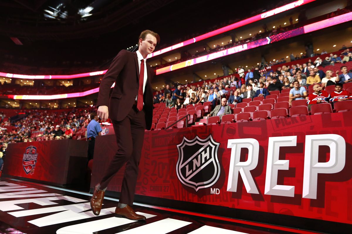 Mason Beaupit walks toward the draft table after being selected 108th overall by the San Jose Sharks during the 2022 Upper Deck NHL Draft at Bell Centre on July 08, 2022 in Montreal, Quebec.