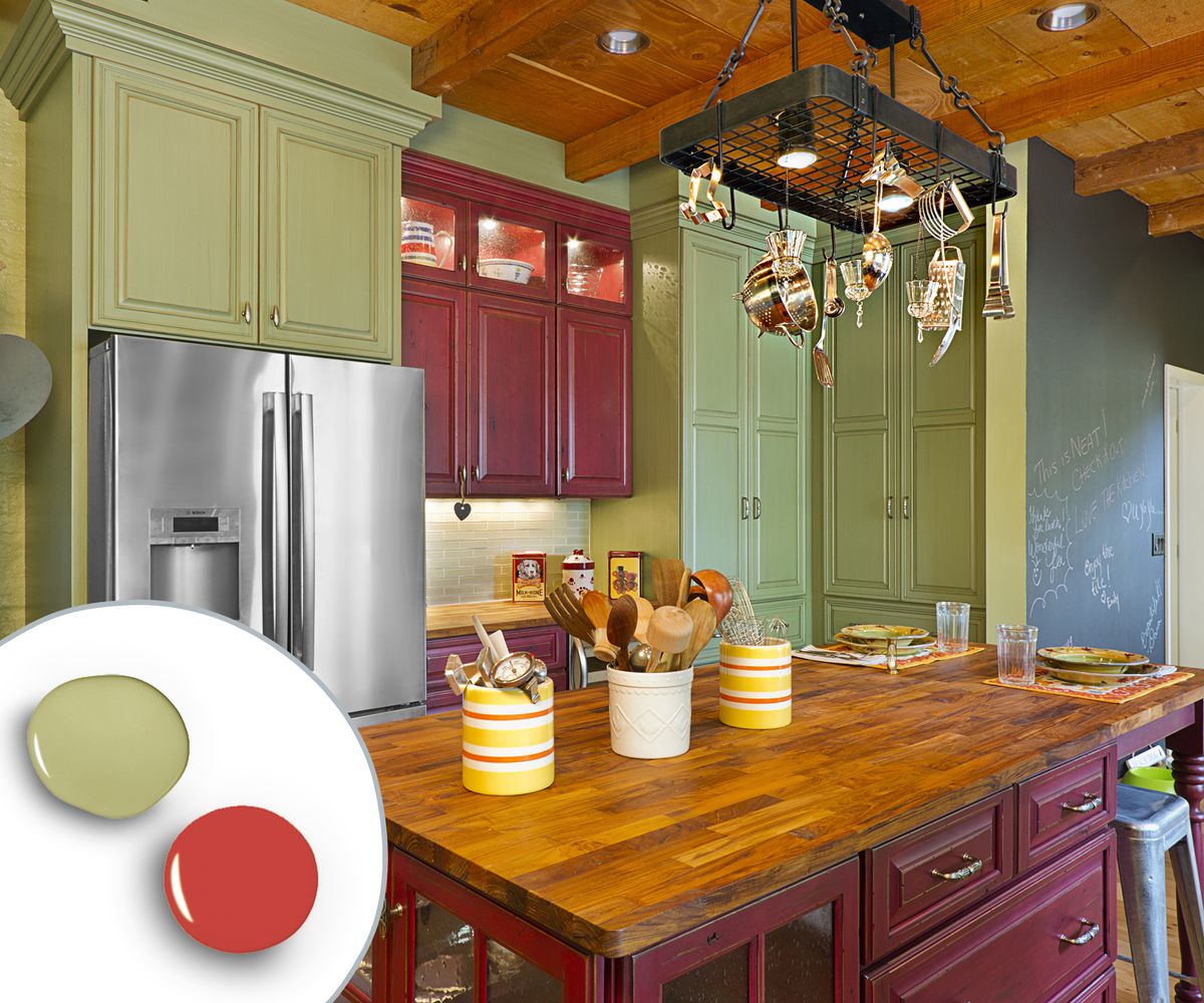Green and red kitchen cabinets.
