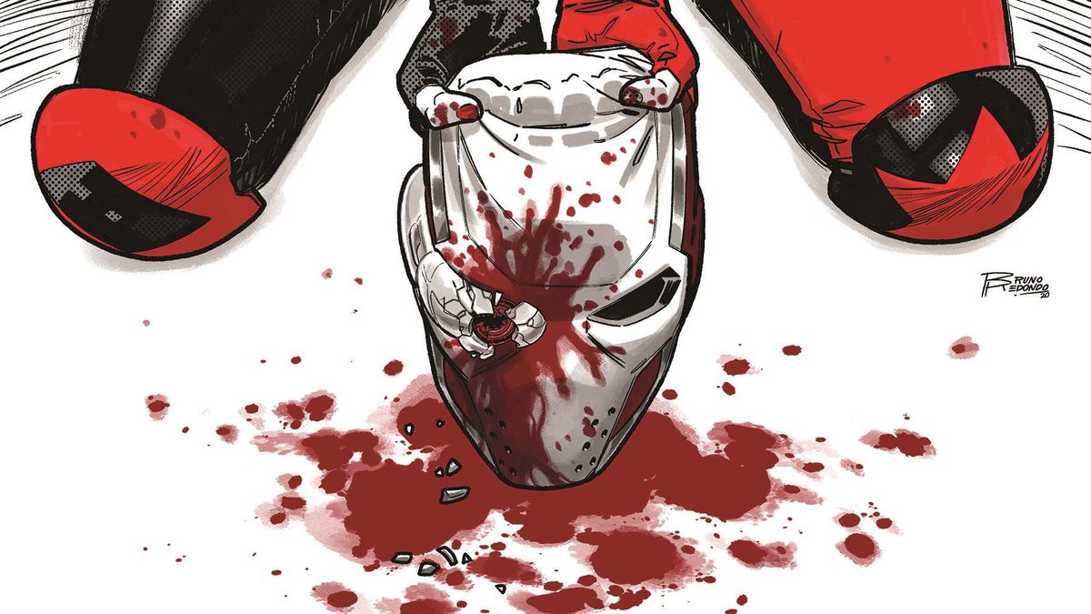 Kneeling, Harley Quinn holds Deadshot’s bloody mask, on the cover of Suicide Squad #9, DC Comics (2020). 