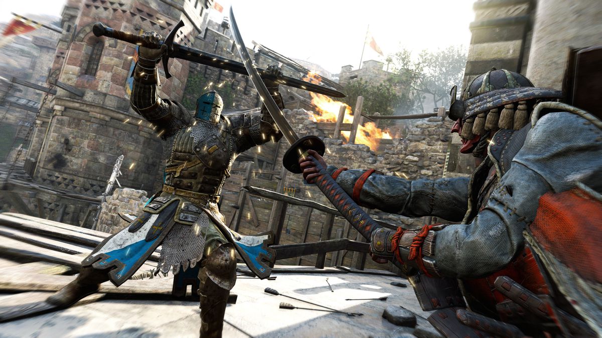 A knight and samurai clash with their swords in a screenshot from For Honor