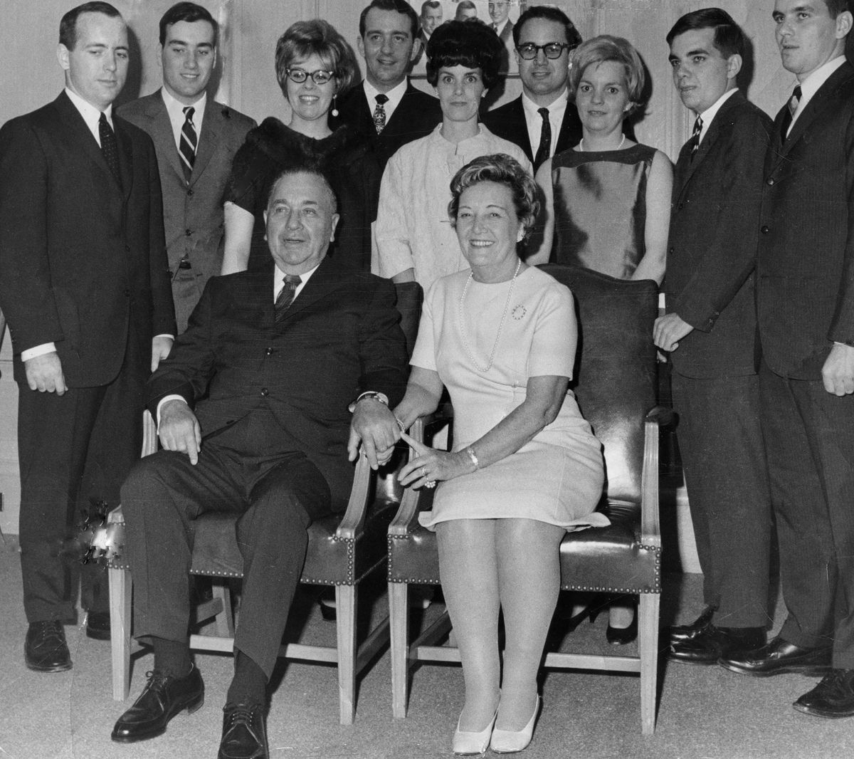 An April 20, 1967, Daley family portrait at City Hall. Mayor Richard J. Daley and his wife Sis Daley (front) with their sons and daughters standing behind them (from left): Michael Daley, William Daley, Patricia Daley Martino with her then-husband William P. Thompson, Mary Carol Daley Vanecko with her husband Robert Vanecko, Eleanor Daley, John Daley and Richard M. Daley.