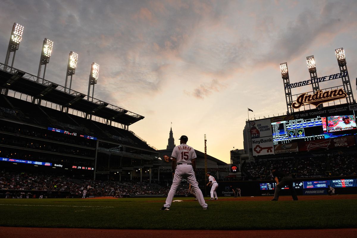CLEVELAND, OH - JUNE 20:  The Colorado Rockies play the Cleveland Indians at Progressive Field as the sun sets on June 20, 2011 in Cleveland, Ohio.  (Photo by Jamie Sabau/Getty Images)