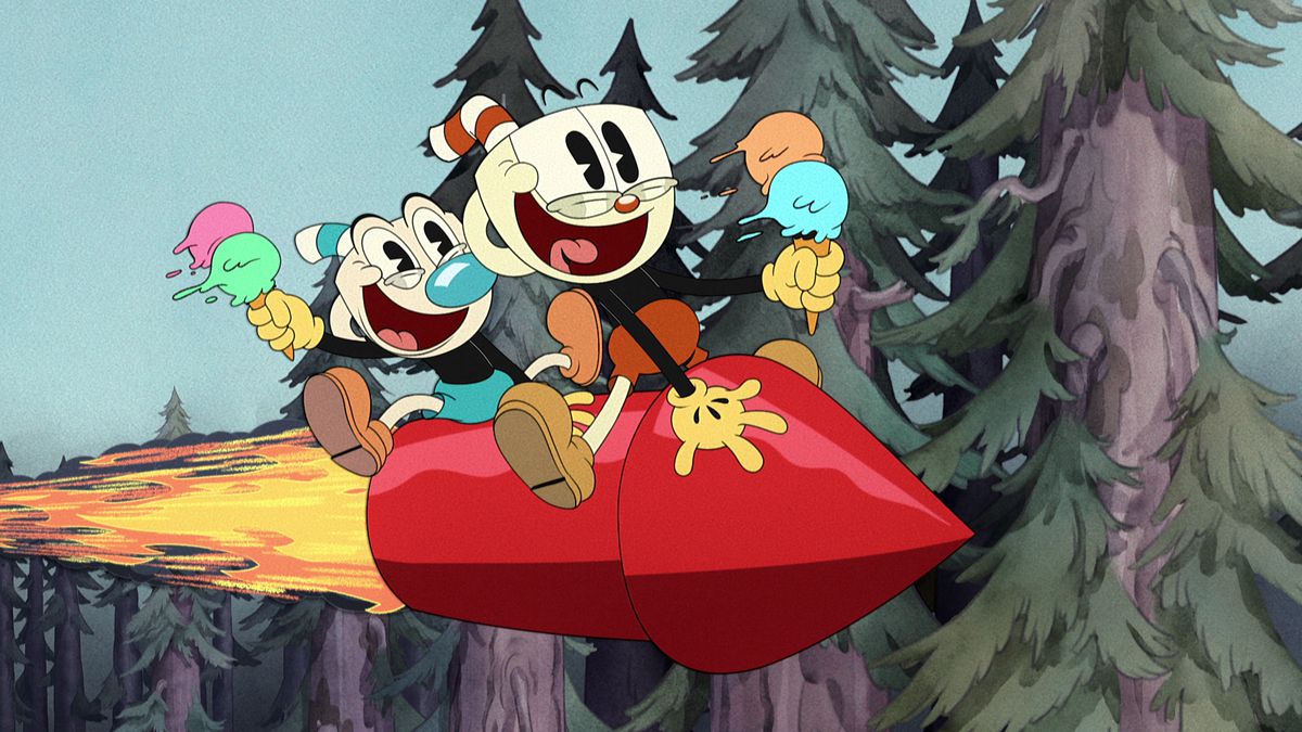 Cuphead and Mugman riding a firework while holding (double) scoop ice cream cones in their hand