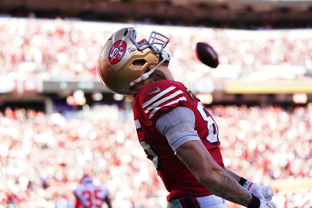 San Francisco 49ers tight end George Kittle (85) reacts after catching a touchdown pass against the Kansas City Chiefs in the fourth quarter at Levi’s Stadium.