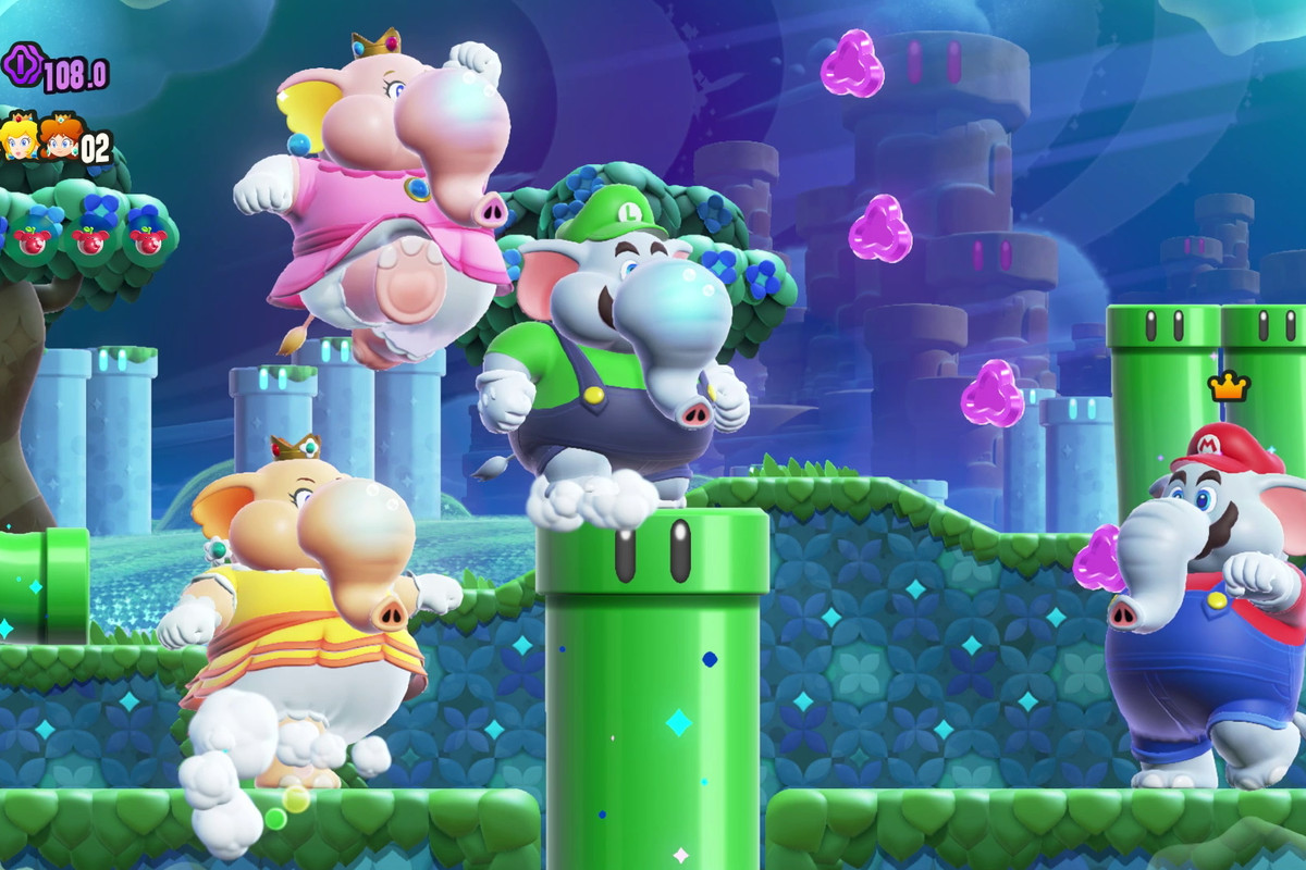 Peach, Daisey, Mario, and Luigi all transformed as elephants in Super Mario Bros. Wonder. 