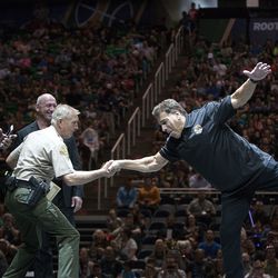 Salt Lake County Sheriff Jim Winder shakes Lou Ferrigno's hand at during a Salt Lake Comic Con event at Vivint Smart Home Arena in Salt Lake City on Thursday, Sept. 1, 2016.