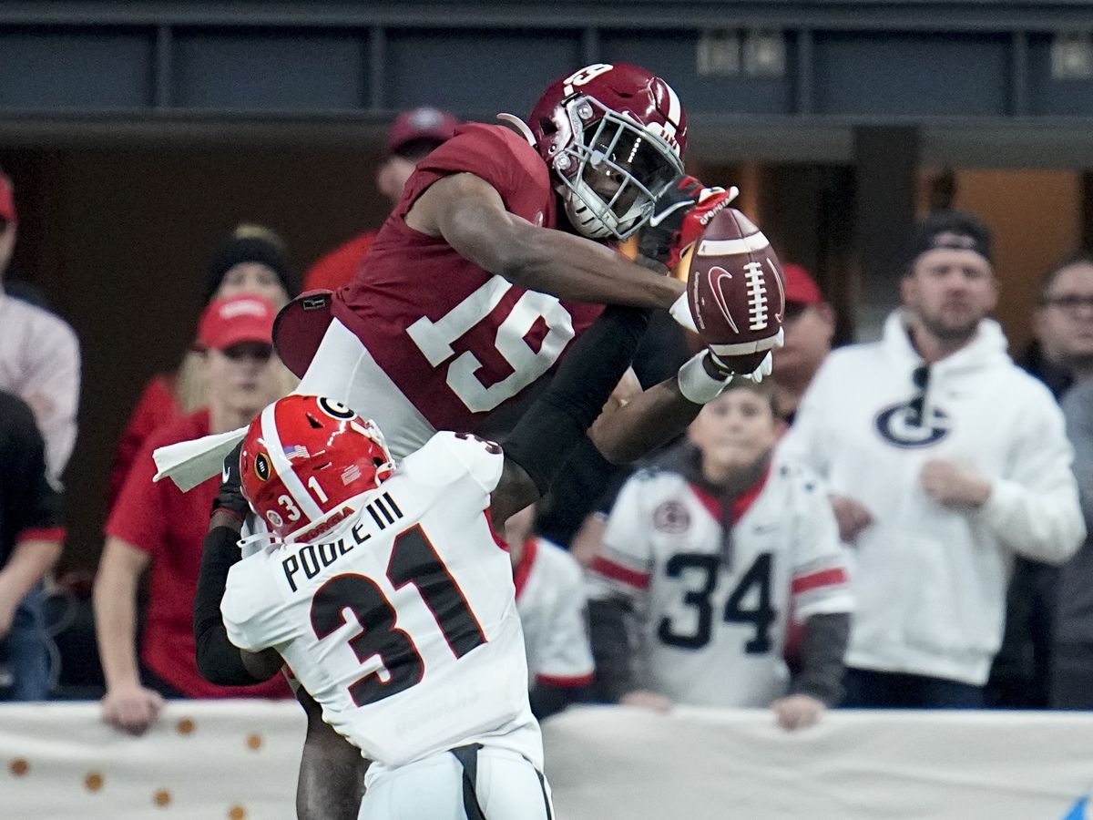 Georgia’s William Poole breaks up a pass intended for Alabama’s Jahleel Billingsley during the first half of the College Football Playoff championship football game.