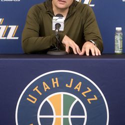 Utah Jazz general manager Dennis Lindsey talks to the media at Zions Bank Basketball Center in Salt Lake City on Thursday, April 25, 2019. Utah's season ended with Wednesday's loss to Houston in the first round of the NBA playoffs.