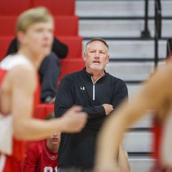 Mitch Smith, coach of the East High School varsity boys basketball team, calls out plays during the spring league tournament at East High School in Salt Lake City on Thursday, May 18, 2017. East beat Granger 57-56.