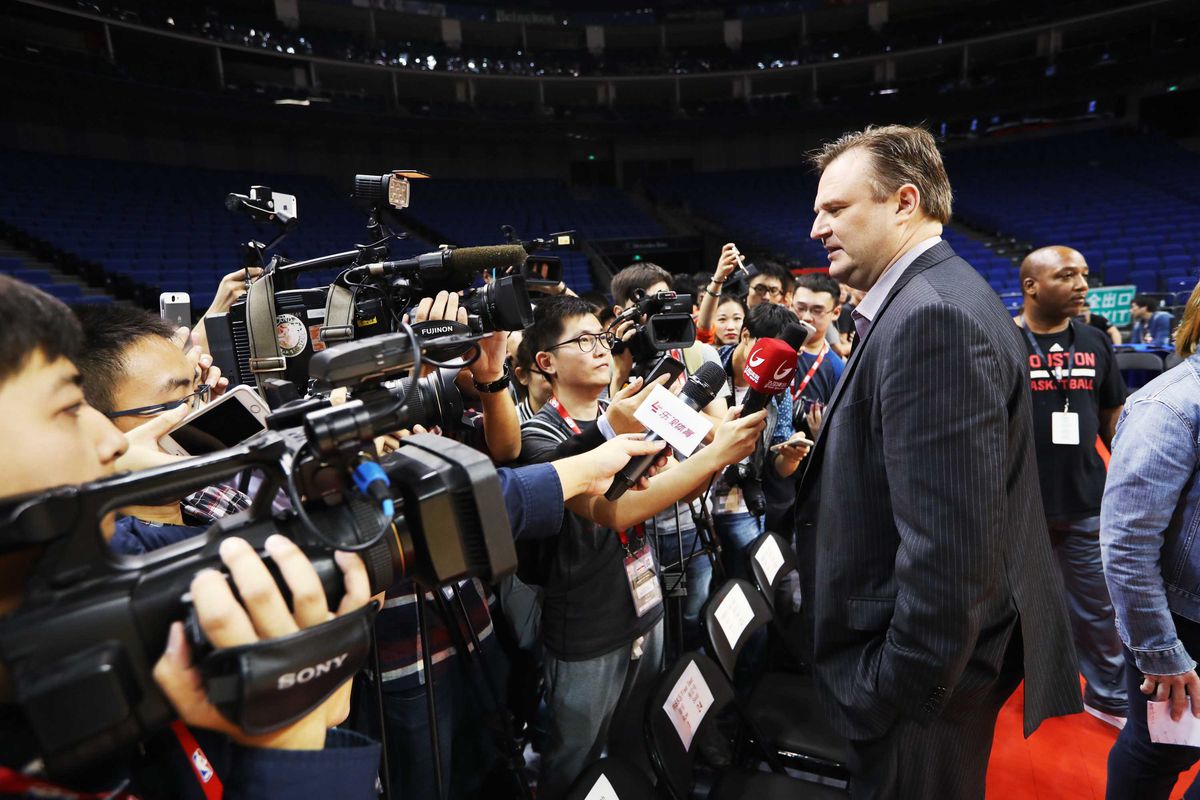 General Manager Daryl Morey of the Houston Rockets speaks to the Chinese media in 2016.