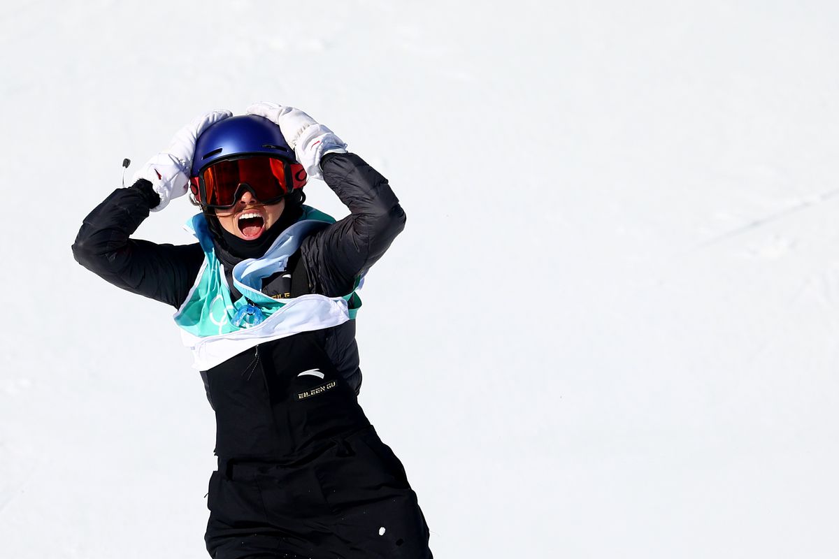 Ailing Eileen Gu of Team China reacts after the last run securing the Gold medal during the Women’s Freestyle Skiing Freeski Big Air Final on Day 4 of the Beijing 2022 Winter Olympic Games at Big Air Shougang on February 08, 2022 in Beijing, China.