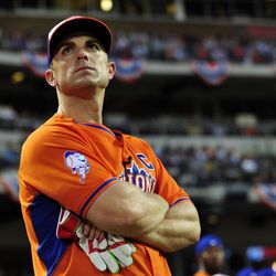 National League third baseman David Wright (5) of the New York Mets looks on during the Home Run Derby.
