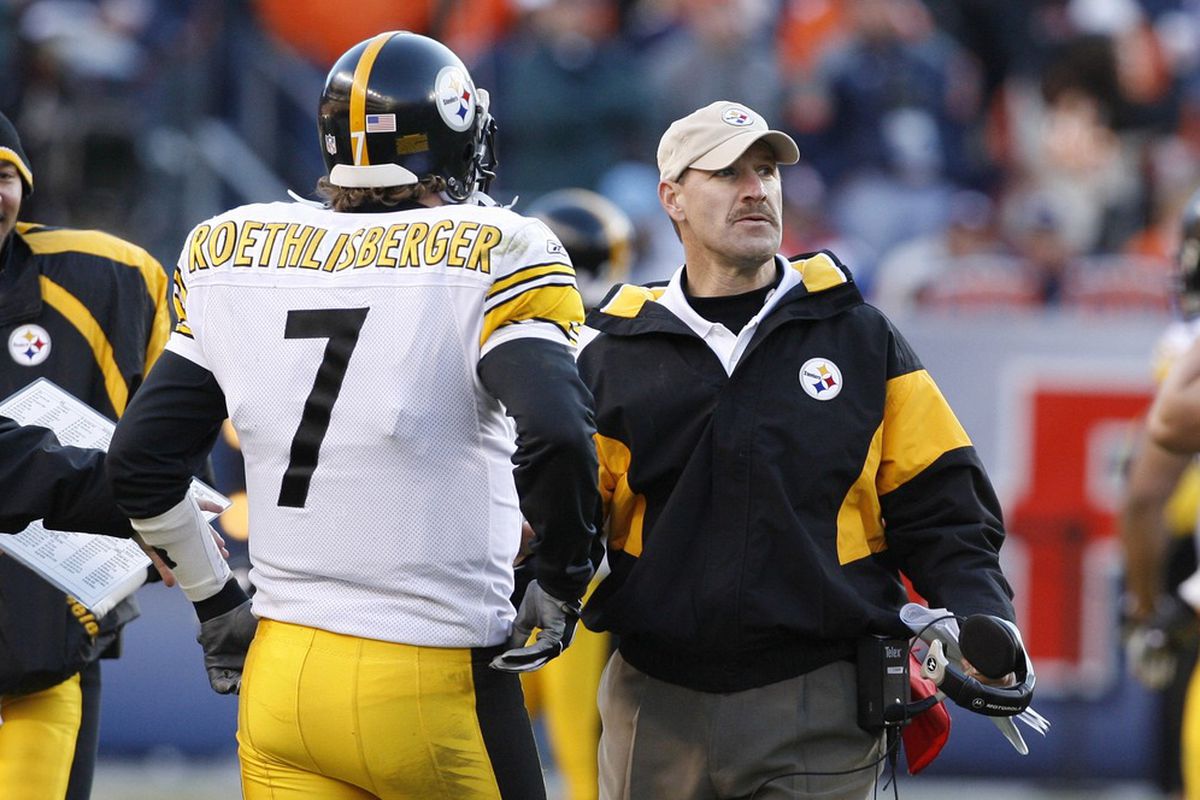 Head Coach Bill Cowher and Ben Roethlisberger look on during 2005 AFC Championship Game in Denver
