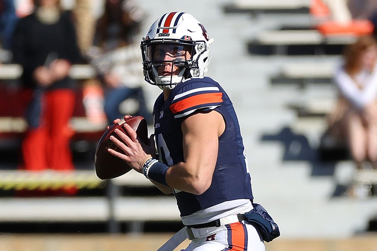Bo Nix of the Auburn Tigers looks to pass against the Texas A&amp;M Aggies during the first half at Jordan-Hare Stadium on December 05, 2020 in Auburn, Alabama.