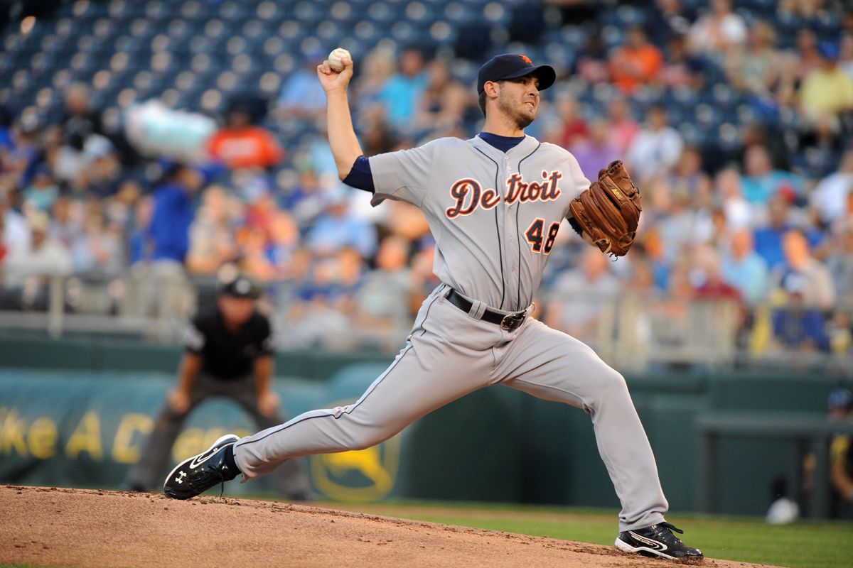 Aug 30, 2012; Kansas City, MO, USA; Detroit Tigers starting pitcher Rick Porcello (48) delivers a pitch in the first inning against the Kansas City Royals at Kauffman Stadium. Mandatory Credit: John Rieger-US PRESSWIRE