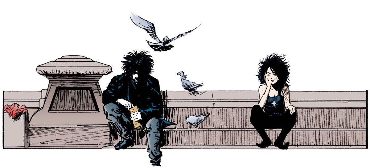Dream and Death from Sandman sit together on a fountain, with pigeons.