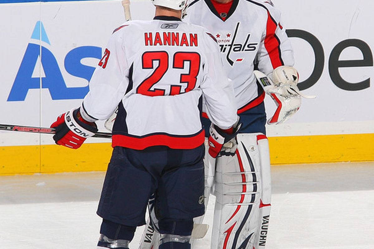 BUFFALO NY - FEBRUARY 20: Semyon Varlamov #1 and Scott Hannan #23 of the Washington Capitals talk during a time out against the Buffalo Sabres  at HSBC Arena on February 20 2011 in Buffalo New York.  (Photo by Rick Stewart/Getty Images)
