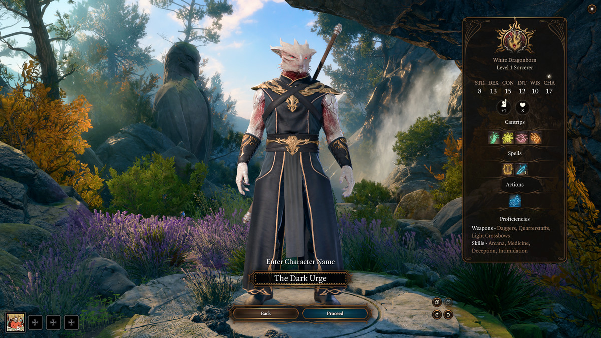 The Dark Urge Sorcerer stands in the character creation screen