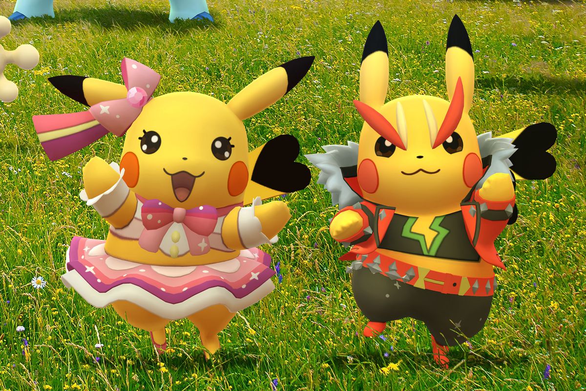 Pikachu Pop Star and Pikachu Rock Star dance in a field in artwork for Pokémon Go Fest 2021