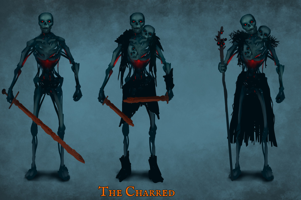 Valheim - Concept art for the Charred, ashen skeletons lit from within with an eerie red light, armed with swords and staffs.