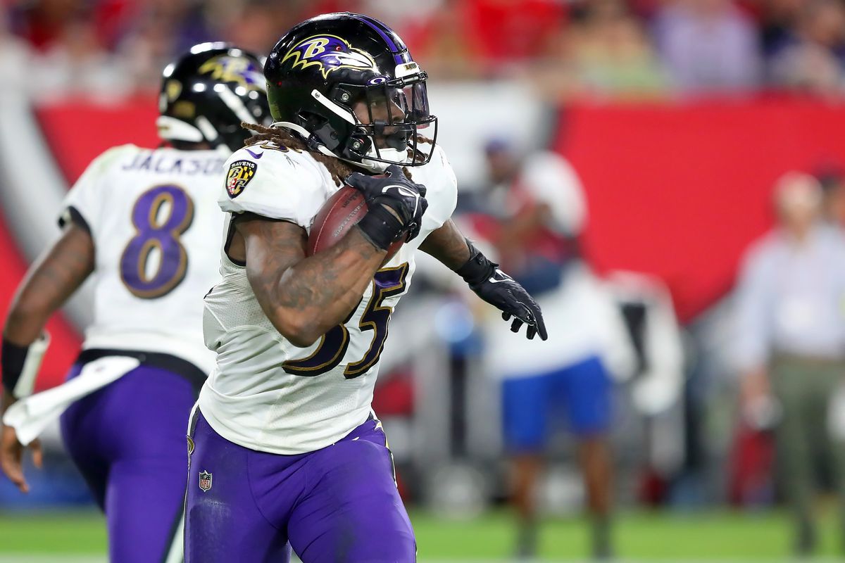 Baltimore Ravens running back Gus Edwards (35) carries the ball during the regular season game between the Baltimore Ravens and the Tampa Bay Buccaneers on October 27, 2022 at Raymond James Stadium in Tampa, Florida.