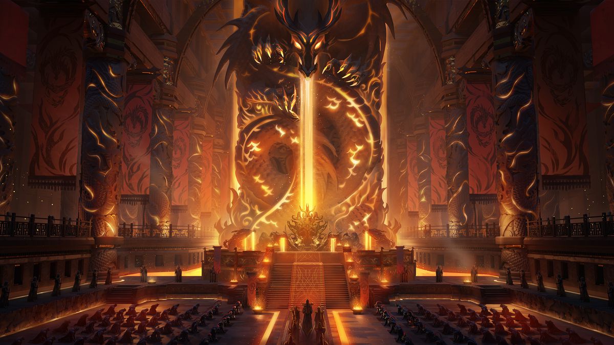 A throne room scene from the world of Flesh and Blood. A giant gilded dragon drips yellow liquid in a waterfall behind a throne. Subjects in robes supplicate themselves in the foreground.