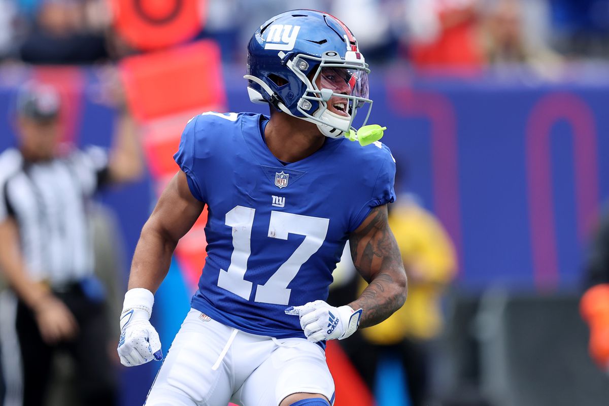 New York Giants wide receiver Wan’Dale Robinson (17) reacts during the second quarter against the Baltimore Ravens at MetLife Stadium.