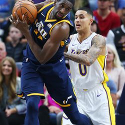 Utah Jazz forward Ekpe Udoh (33) is fouled by Los Angeles Lakers forward Kyle Kuzma (0) as the Utah Jazz and the LA Lakers play at Vivint Smart Home Arena in Salt Lake City on Saturday, Oct. 28, 2017.