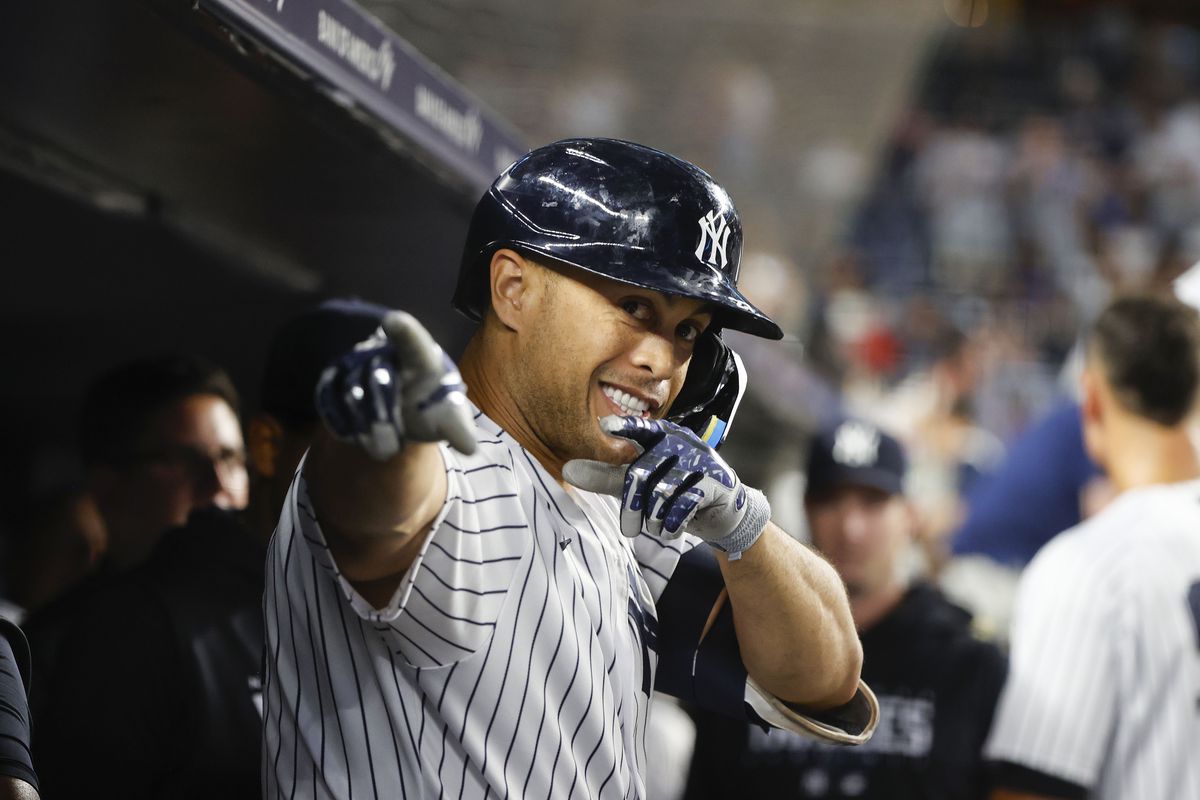 Giancarlo Stanton of the New York Yankees celebrates his home run during a game against the Minnesota Twins at Yankee Stadium on April 14, 2023, in New York, New York.