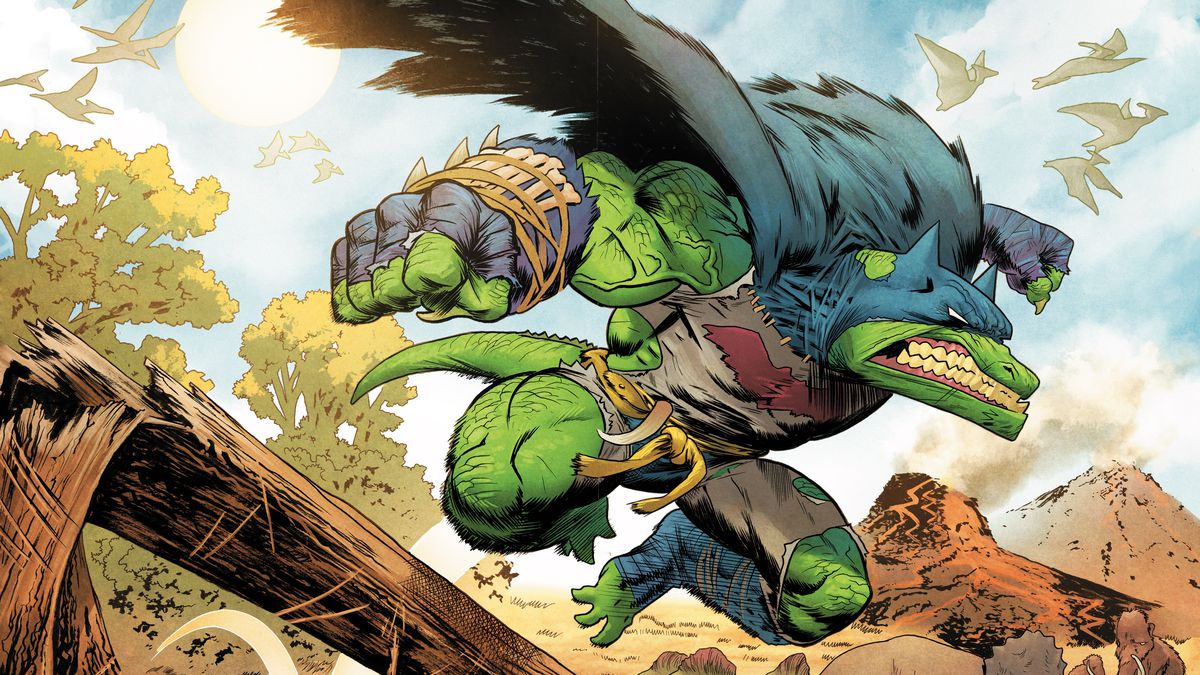 Batman, a green anthropomorphic allosaurus in a Batman costume, leaps across the prehistoric plains in Jurassic League.
