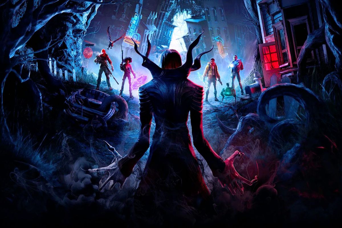 Redfall artwork featuring a caped vampire in the foreground and the game’s four heroes facing it