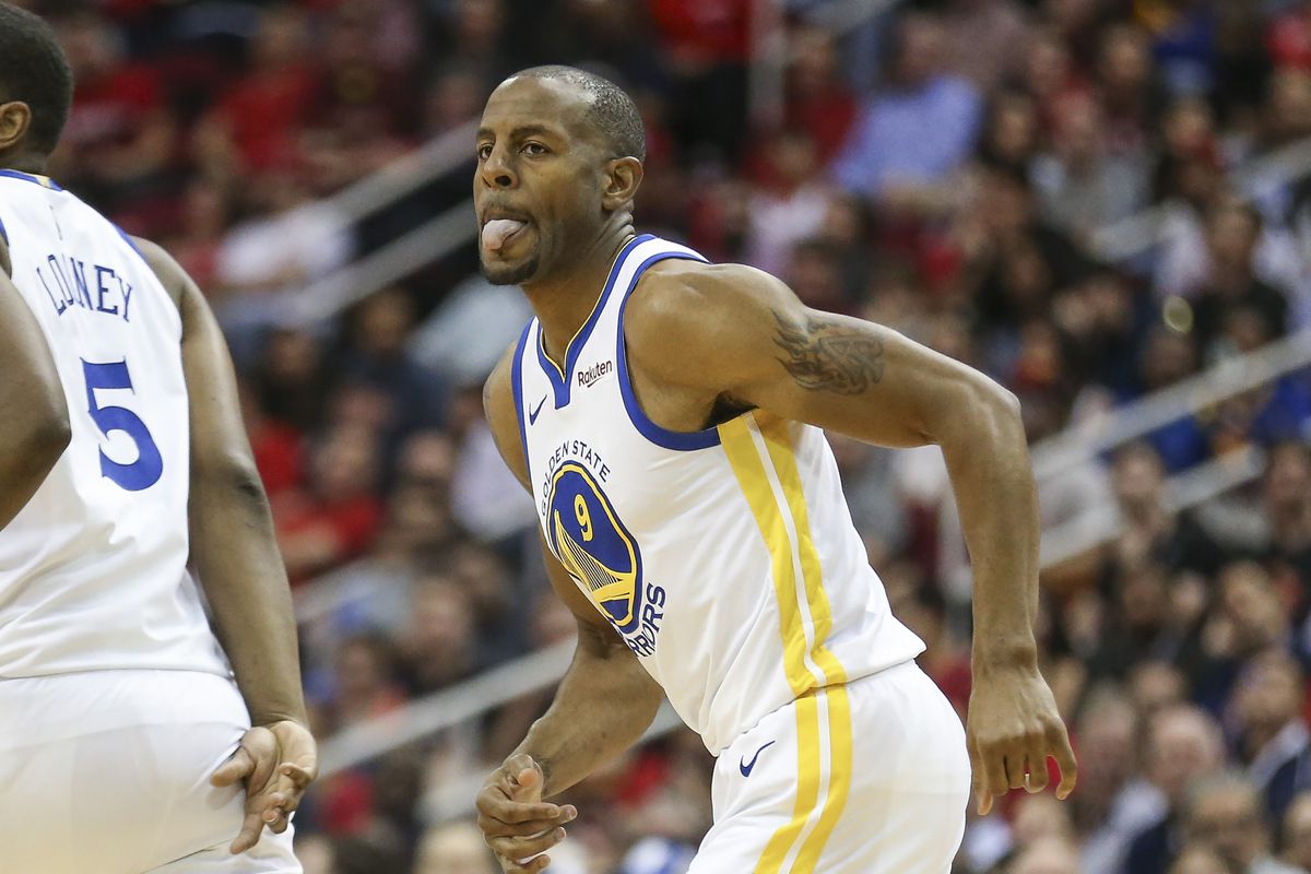 Golden State Warriors guard Andre Iguodala reacts after making a basket during the second quarter against the Houston Rockets at Toyota Center.