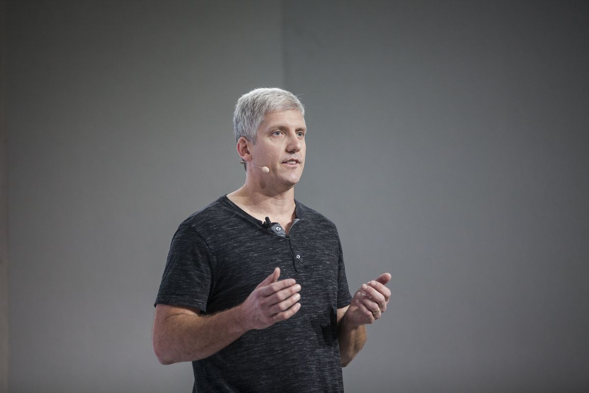Google hardware SVP Rick Osterloh speaks onstage at a Pixel phone event.