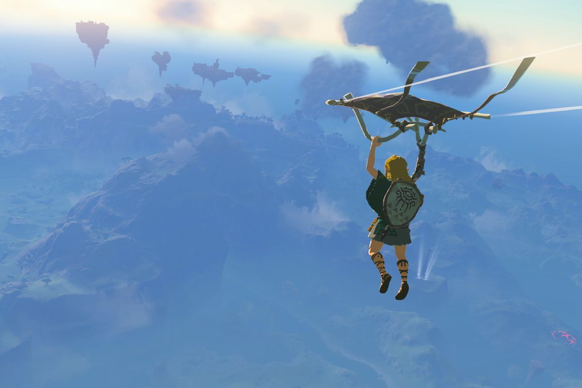 An image of Link gliding across the world in The Legend of Zelda: Tears of the Kingdom.